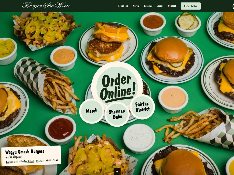 Burger She Wrote home page, smash burgers on a green table with an Order Online badge