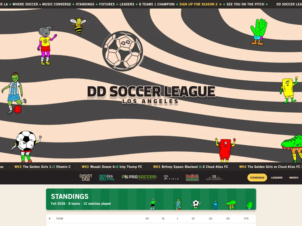DD Soccer League home page with illustrated characters and a live standings table