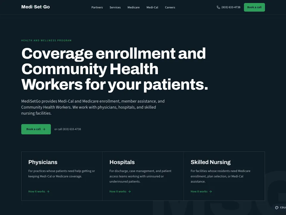 MediSetGo home page for doctors and facility directors