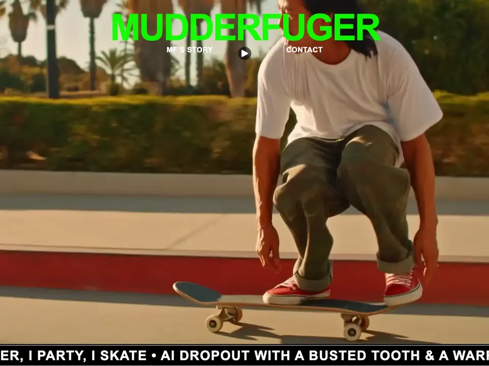 Mudderfuger home page, a skateboarder mid-trick with a green wordmark