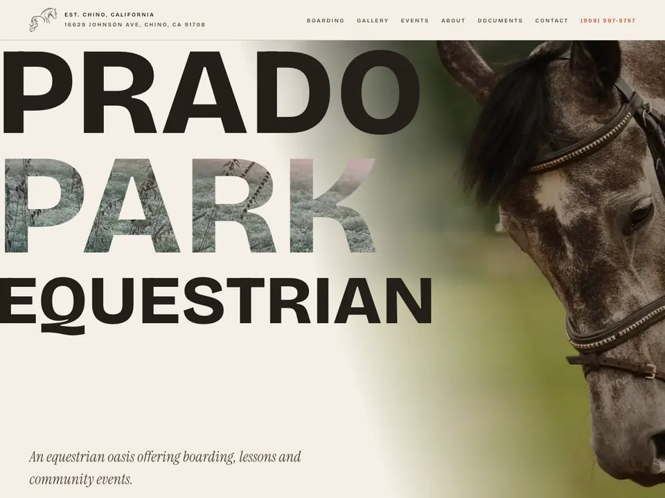Prado Park Equestrian home page with a full-bleed horse photograph